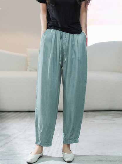 Women Summer Caual Solid Pocket Drawstring Denim Pants