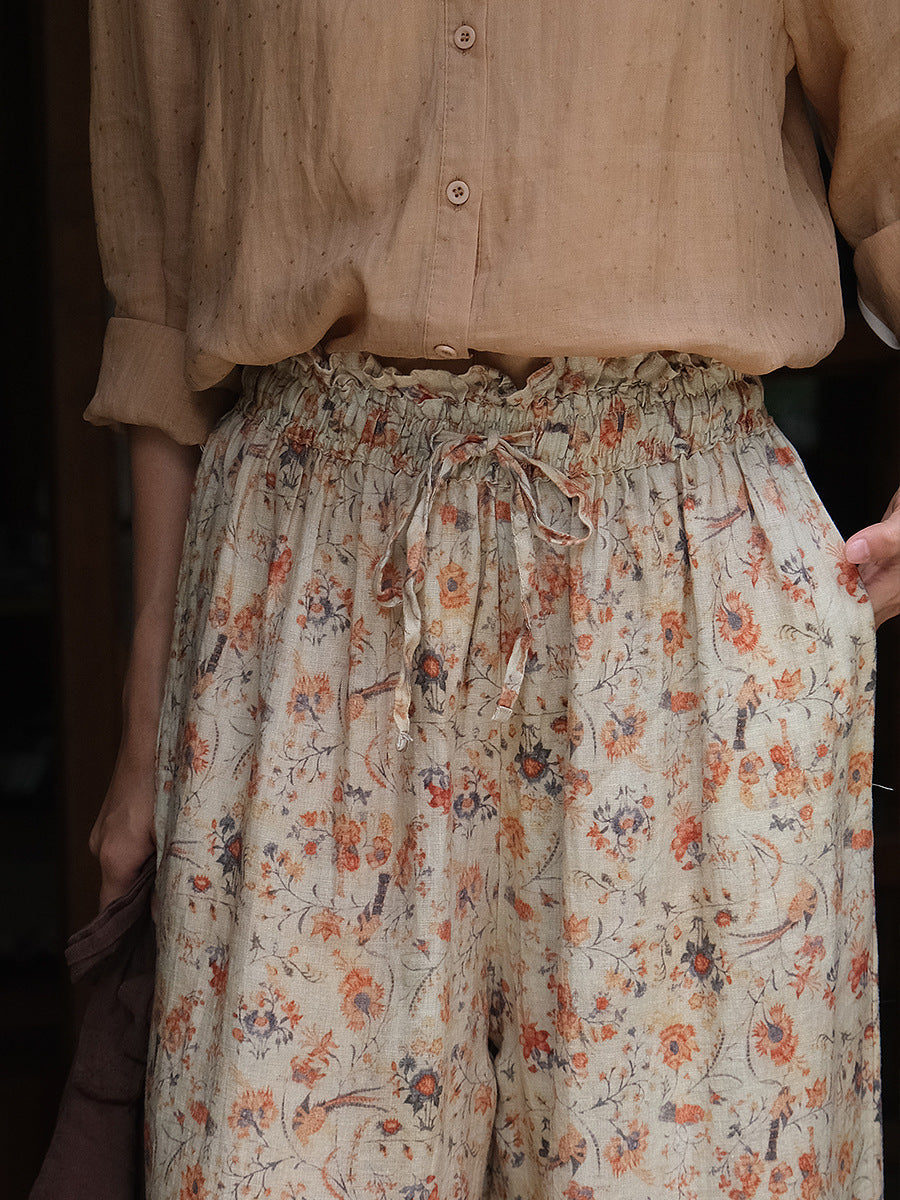 Women Summer Artsy Floral Lacework Drawstring Linen Bloomers