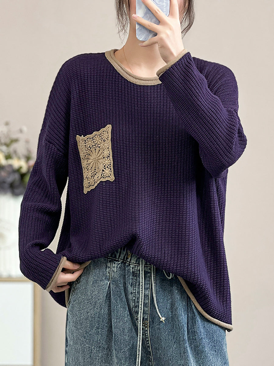 Women Artsy Spring Knitted Lace Patch Loose Sweater