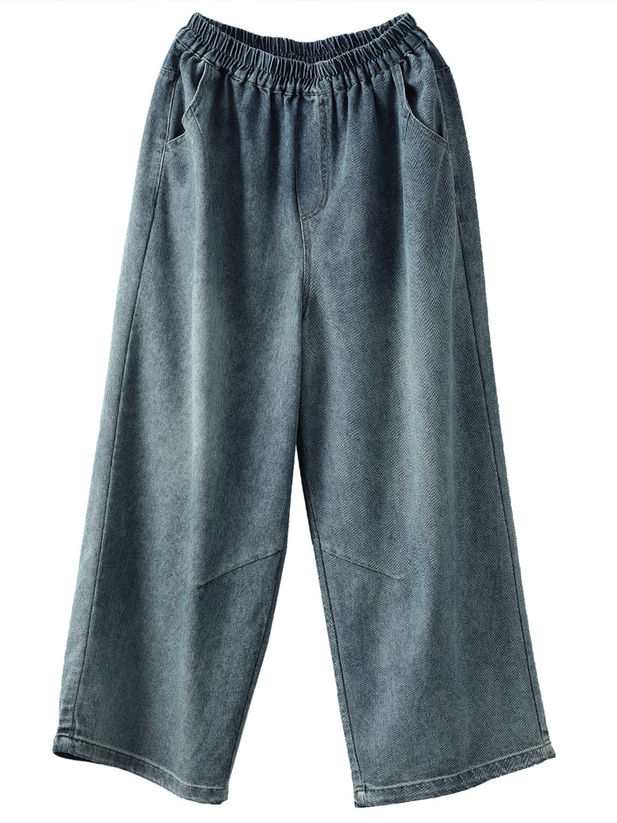 Women Casual Soft Solid Pocket Denim Straight-leg Pants