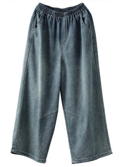 Women Casual Soft Solid Pocket Denim Straight-leg Pants