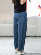 Women Summer Caual Solid Pocket Drawstring Denim Pants