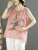 Women Summer Vintage Flower Embroidery Loose Ramie Vest