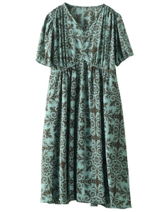 Women Summer Artsy Flower V-Neck High Waist Dress
