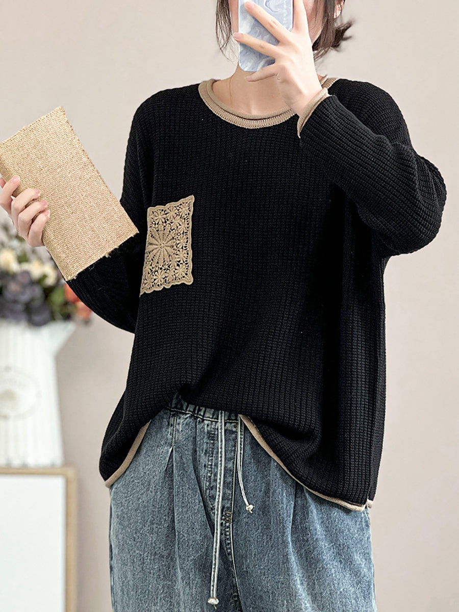 Women Artsy Spring Knitted Lace Patch Loose Sweater