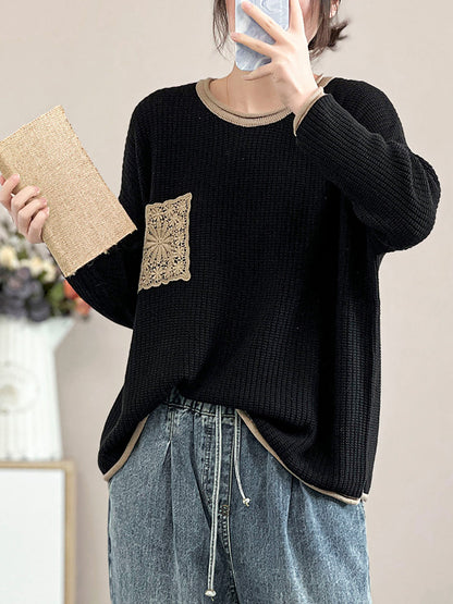 Women Artsy Spring Knitted Lace Patch Loose Sweater