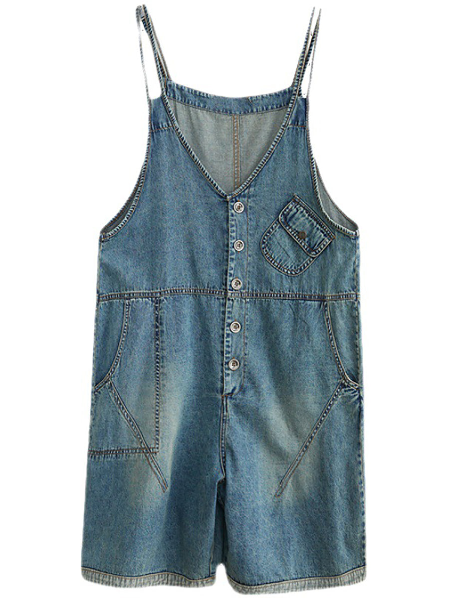 Women Casual Solid Washed Pocket V-Neck Denim Jumpsuits