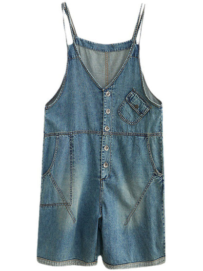 Women Casual Solid Washed Pocket V-Neck Denim Jumpsuits
