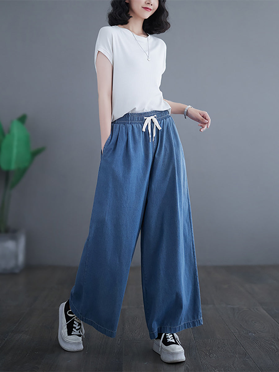 Women Summer Thin Solid Drawstring Wide-leg Denim Pants