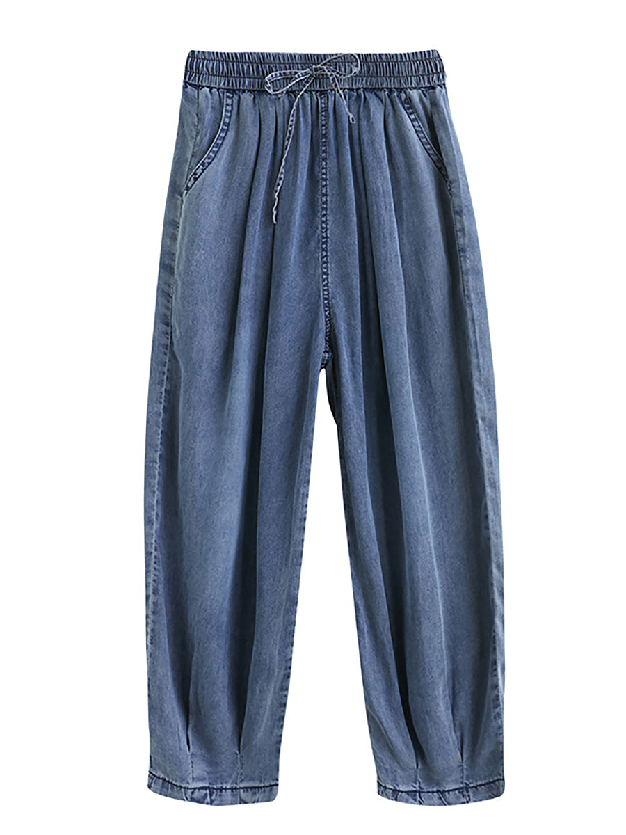 Women Summer Worn Solid Pleat Loose Pocket Denim Pants