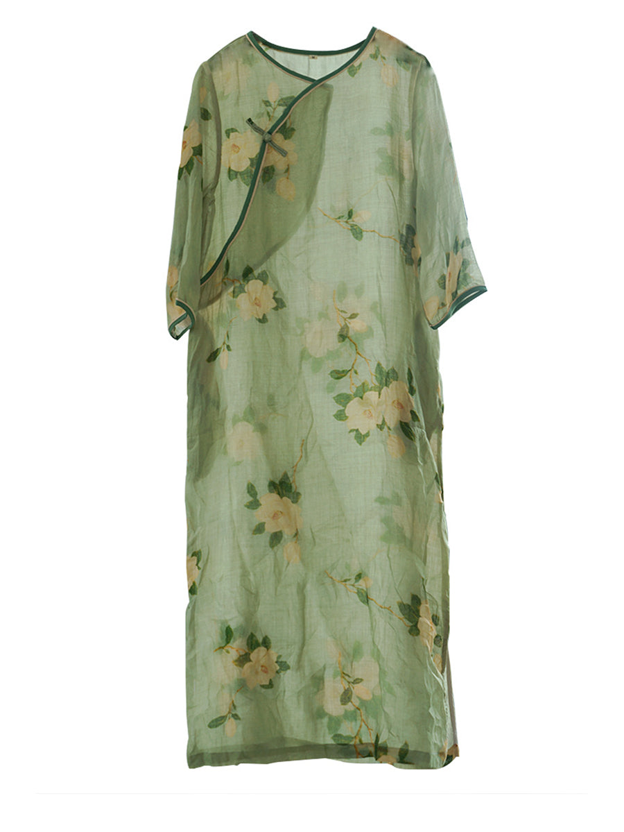 Women Vintage Artsy Flower Print Button Linen Robe Dress