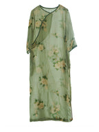Women Vintage Artsy Flower Print Button Linen Robe Dress