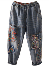Load image into Gallery viewer, Women Summer Retro Embroidery Spliced Burrs Denim Pants