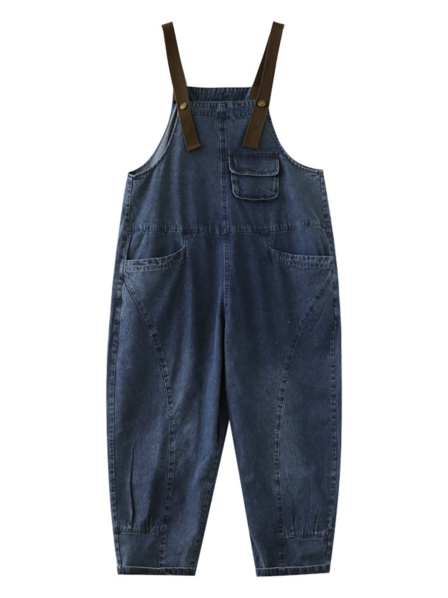 Women Retro Solid Pocket Button Washed Loose Denim Jumpsuits