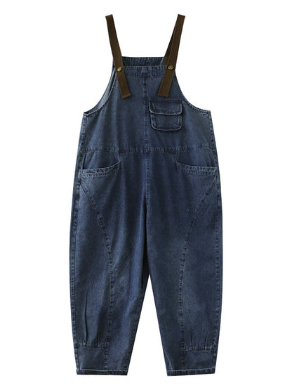 Women Retro Solid Pocket Button Washed Loose Denim Jumpsuits