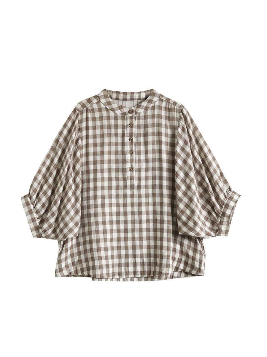 Women Retro Plaid Button Batwing Sleeve Cotton Shirt