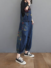 Load image into Gallery viewer, Women Casual Retro Print Pocket Loose Spliced Denim Jumpsuits