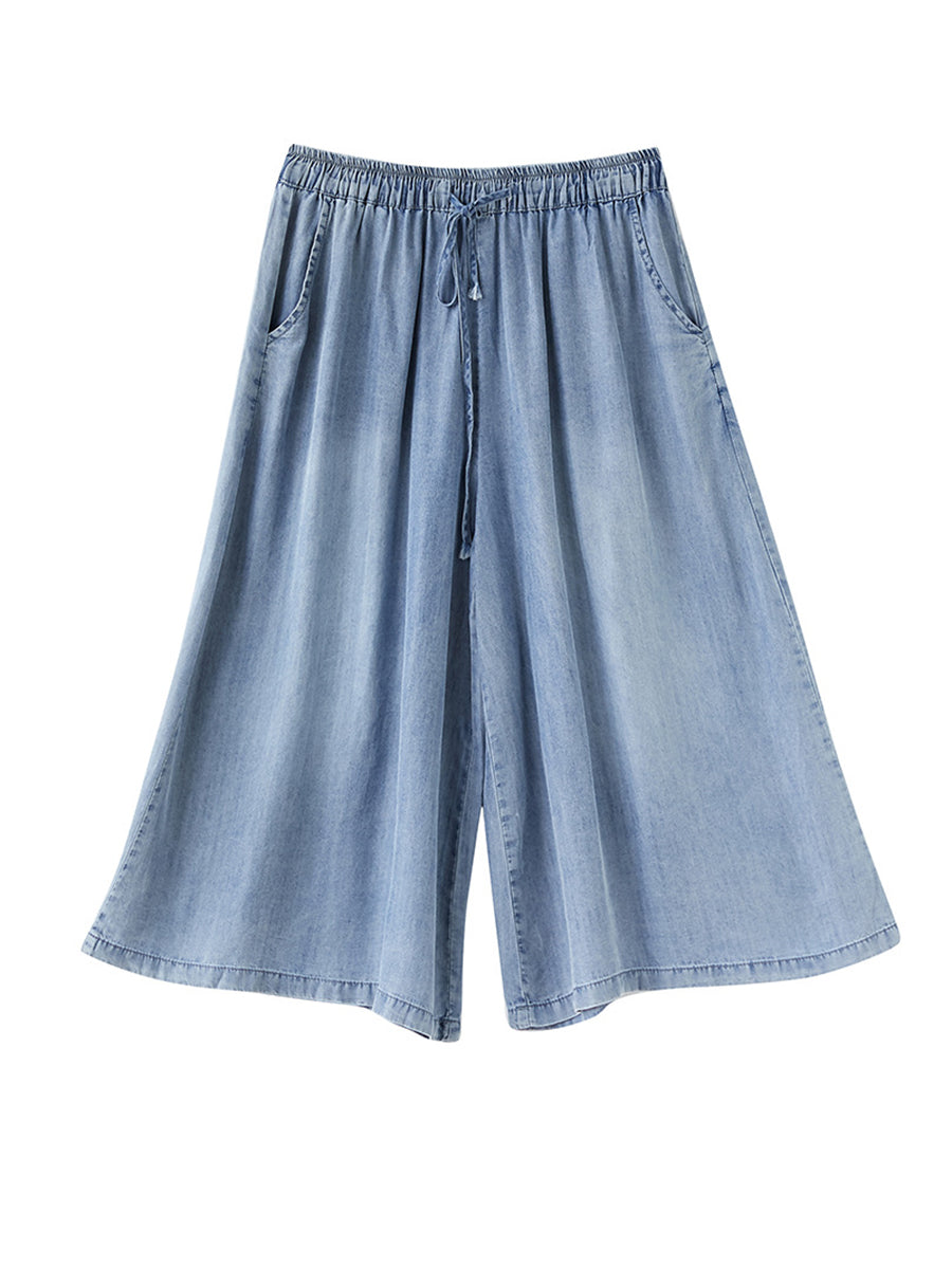 Women Casual Solid Washed Drawstring Wide-leg Denim Pants