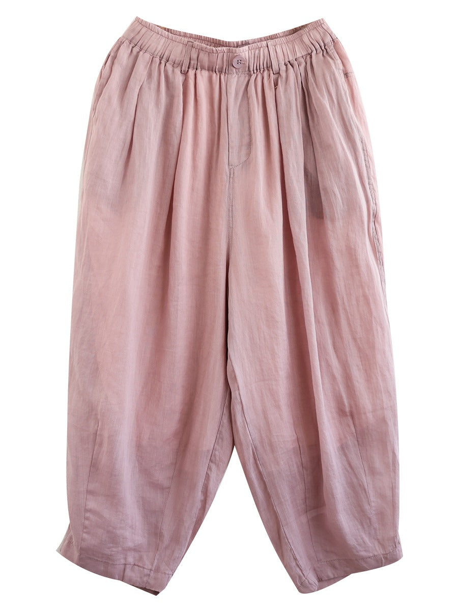 Women Vintage Solid Button Pleat Summer Ramie Pants