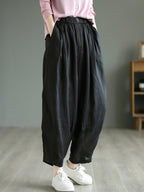 Women Vintage Solid Button Pleat Summer Ramie Pants