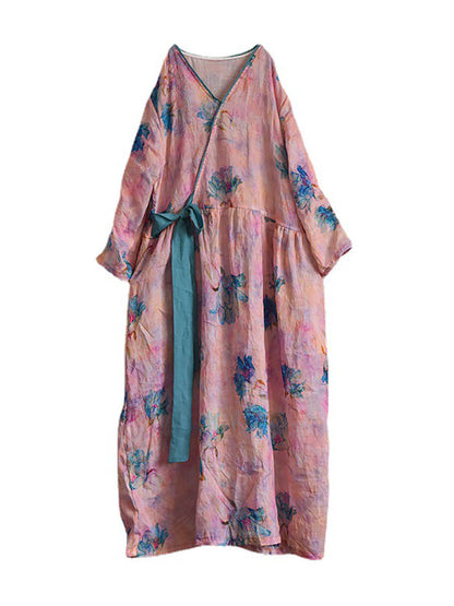 Women Vintage Flower Drwastring V-Neck Loose Ramie Dress