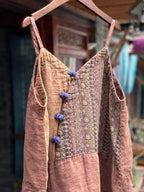 Women Retro Ethnic Spliced Frog V-Neck Slip Dress