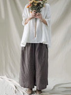 Women Summer Solid Stitching Loose Linen Shirt