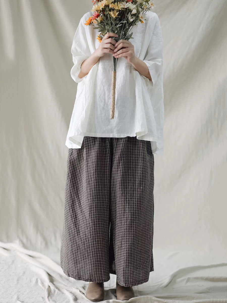 Women Summer Solid Stitching Loose Linen Shirt