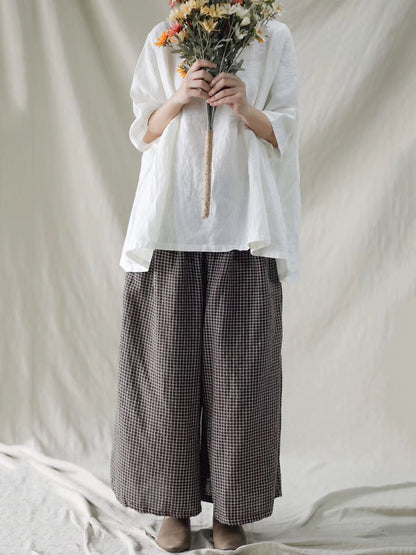 Women Summer Solid Stitching Loose Linen Shirt