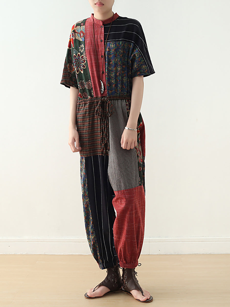 Women Summer Vintage Patchwock Drawstring Linen Jumpsuits