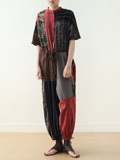 Women Summer Vintage Patchwock Drawstring Linen Jumpsuits
