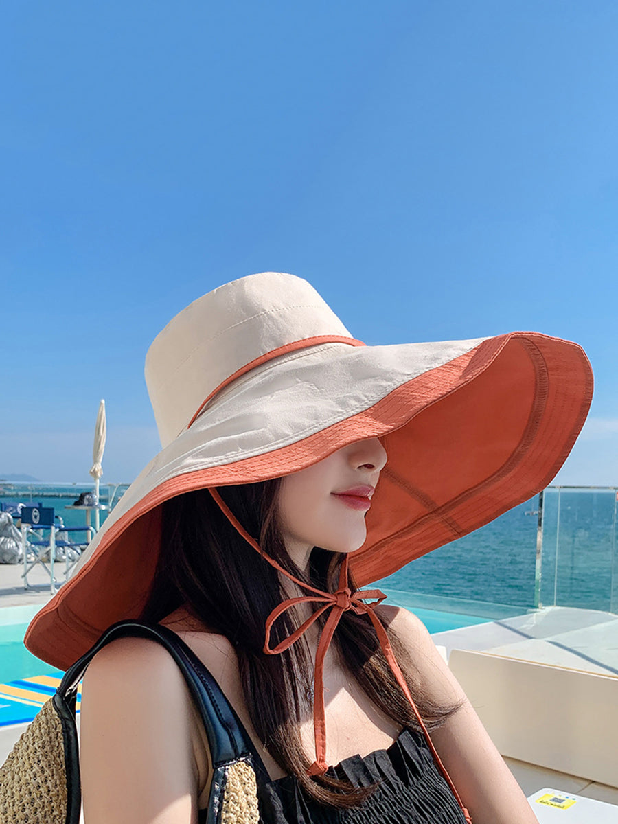 Women Casual Colorblock Drawstring Travel Sunproof Hat