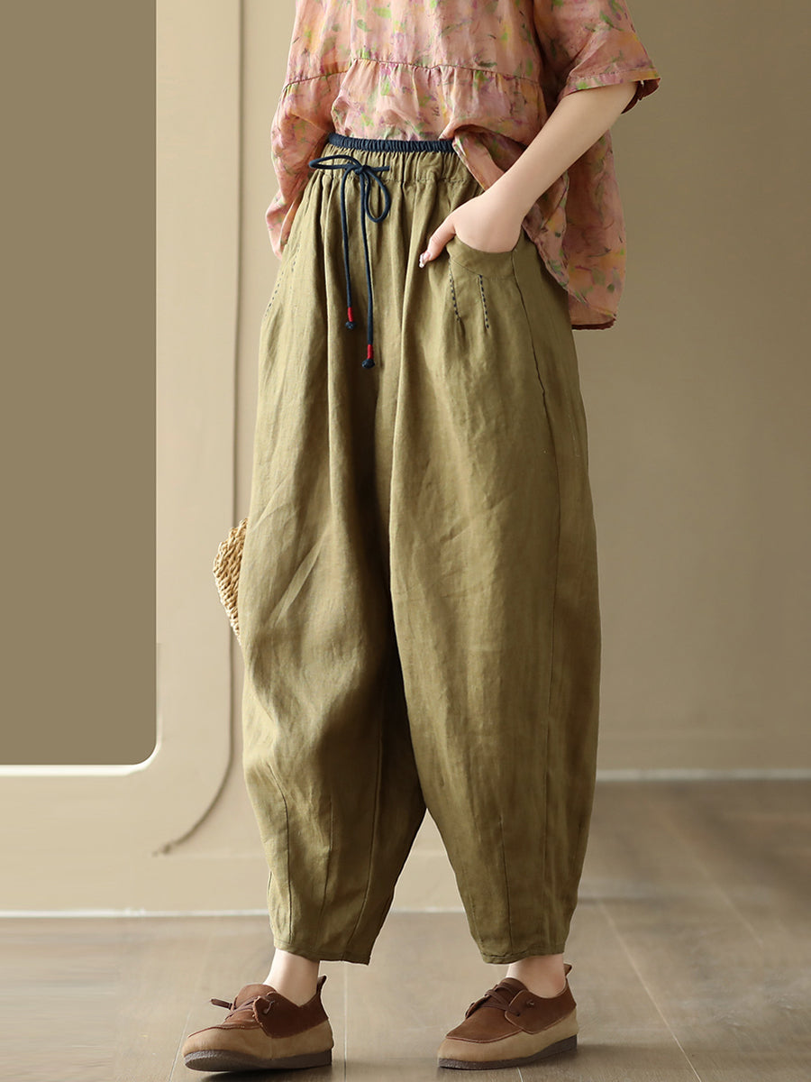 Women Casual Solid Drawstring Colorblock Waist Linen Pants