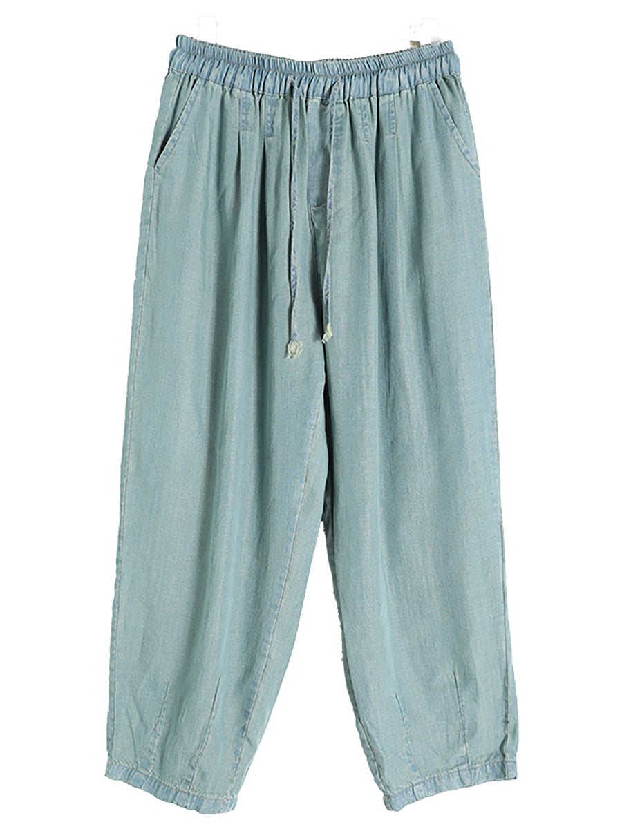 Women Summer Caual Solid Pocket Drawstring Denim Pants