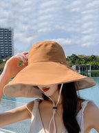 Women Fashion Solid Large-brim Drawstring Sunproof Hat