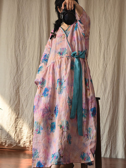 Women Vintage Flower Drwastring V-Neck Loose Ramie Dress