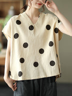 Women Commute Dot Loose V-Neck Cotton Linen Shirt