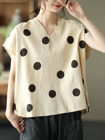 Women Commute Dot Loose V-Neck Cotton Linen Shirt