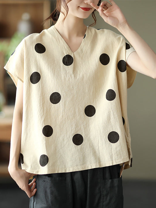 Women Commute Dot Loose V-Neck Cotton Linen Shirt
