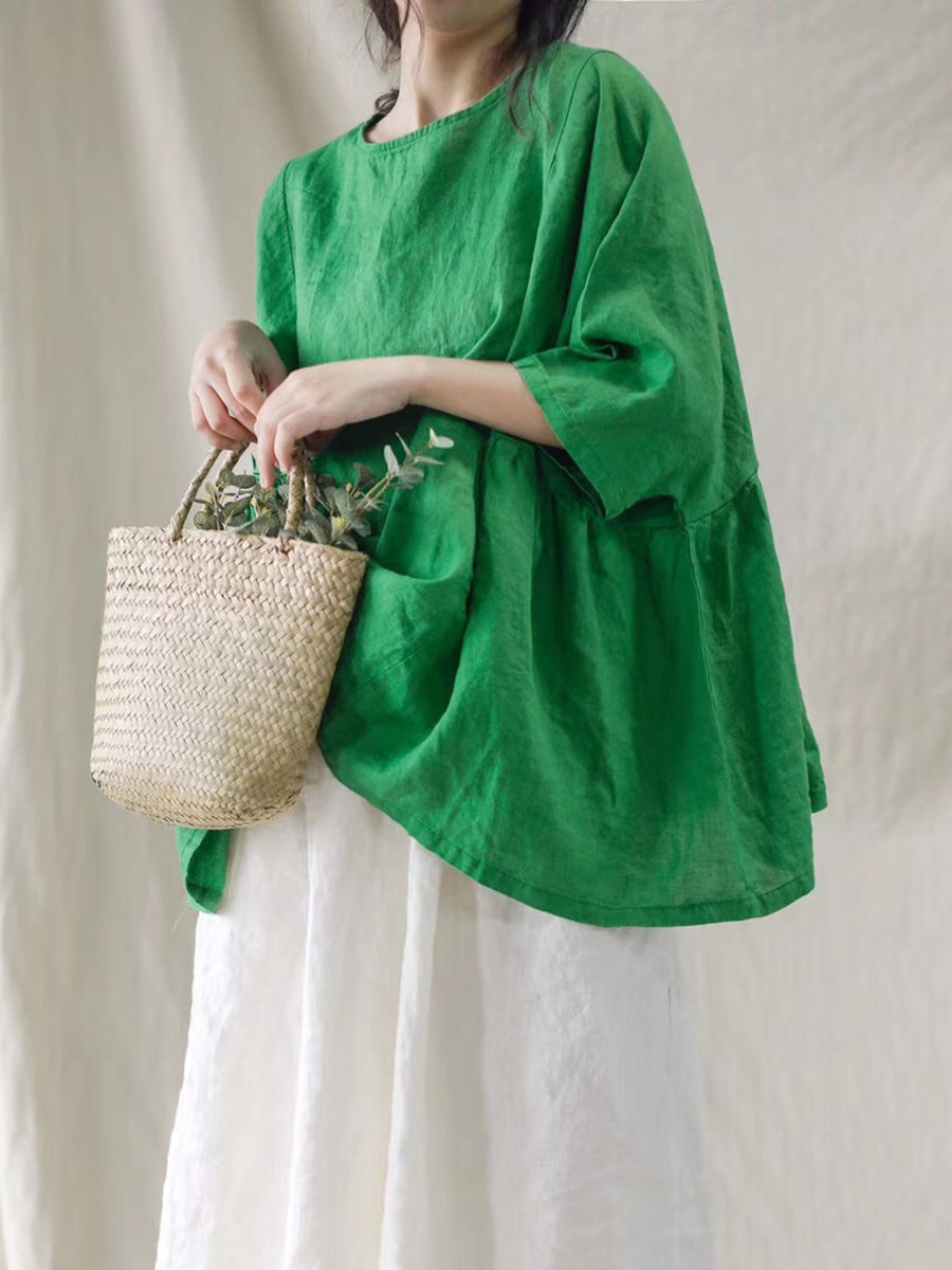 Women Summer Solid Stitching Loose Linen Shirt