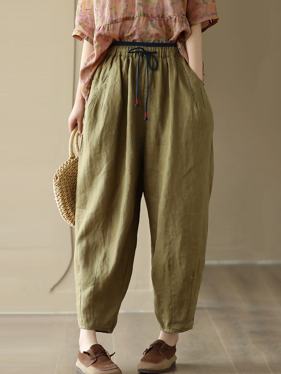 Women Casual Solid Drawstring Colorblock Waist Linen Pants
