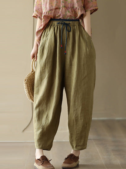 Women Casual Solid Drawstring Colorblock Waist Linen Pants