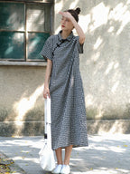 Women Summer Vintage Plaid Frog Loose Dress