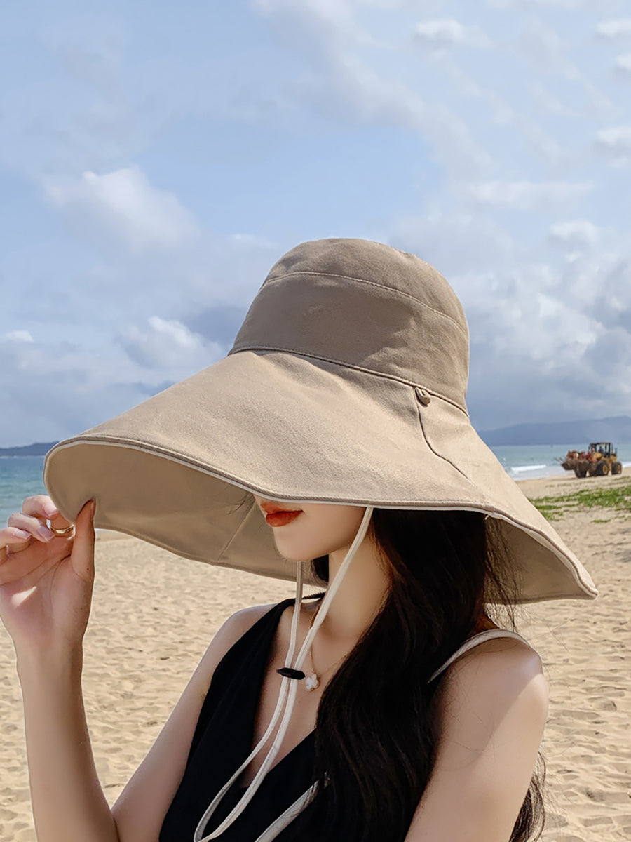Women Fashion Solid Large-brim Drawstring Sunproof Hat