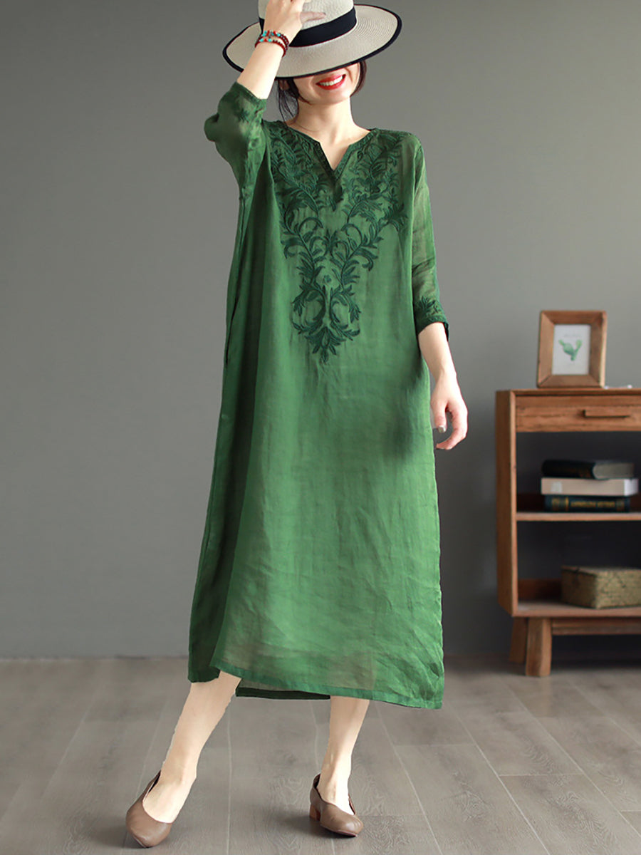 Women Summer Ethnic Embroidery Loose Ramie Dress(2 Pieces)