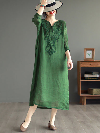 Women Summer Ethnic Embroidery Loose Ramie Dress(2 Pieces)