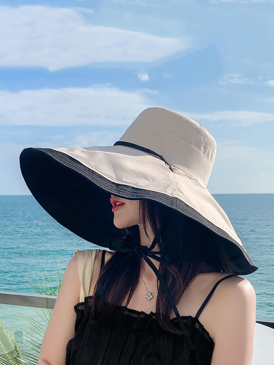 Women Casual Colorblock Drawstring Travel Sunproof Hat