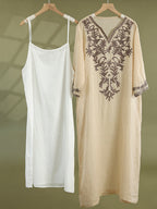 Women Summer Ethnic Embroidery Loose Ramie Dress(2 Pieces)