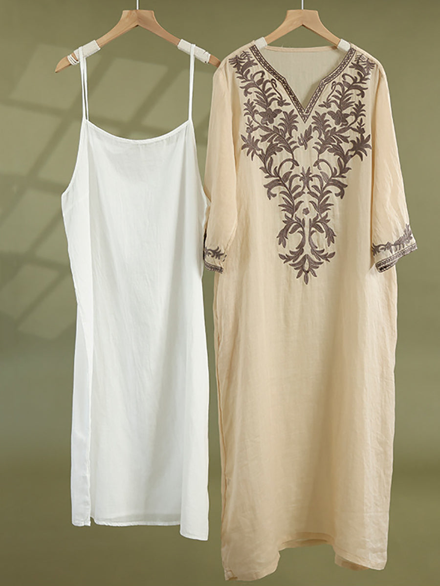 Women Summer Ethnic Embroidery Loose Ramie Dress(2 Pieces)