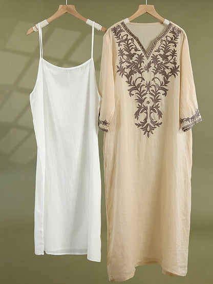 Women Summer Ethnic Embroidery Loose Ramie Dress(2 Pieces)